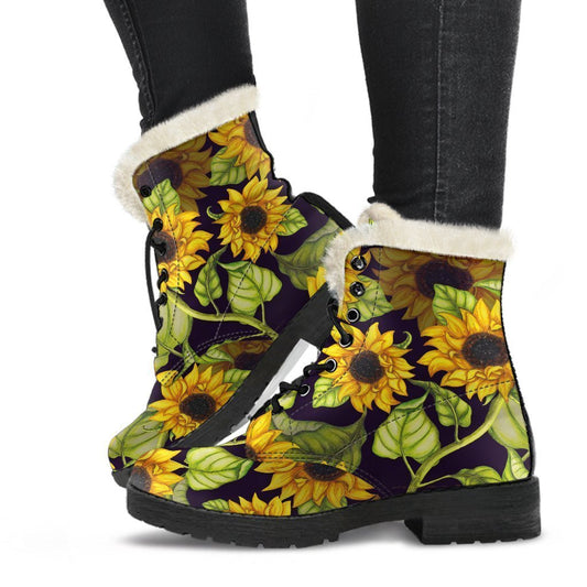 Sunflower Dreams: Faux Fur Leather Hippie Boots for the Free Spirit - 1