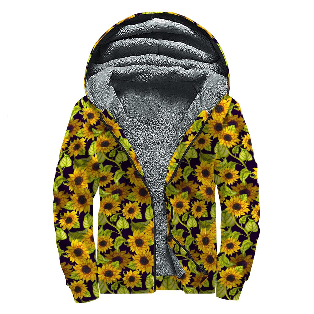 Hand-Drawn Sunflower Pattern Sherpa Lined Zip Up Hoodie for the Groovy Hippie - 1