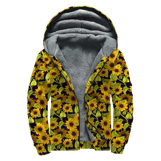 Hand-Drawn Sunflower Pattern Sherpa Lined Zip Up Hoodie for the Groovy Hippie - 1