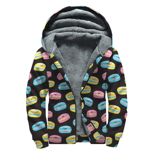 Happy Macarons Pattern Print Sherpa-Lined Zip Up Hoodie for Groovy Hippies - 1