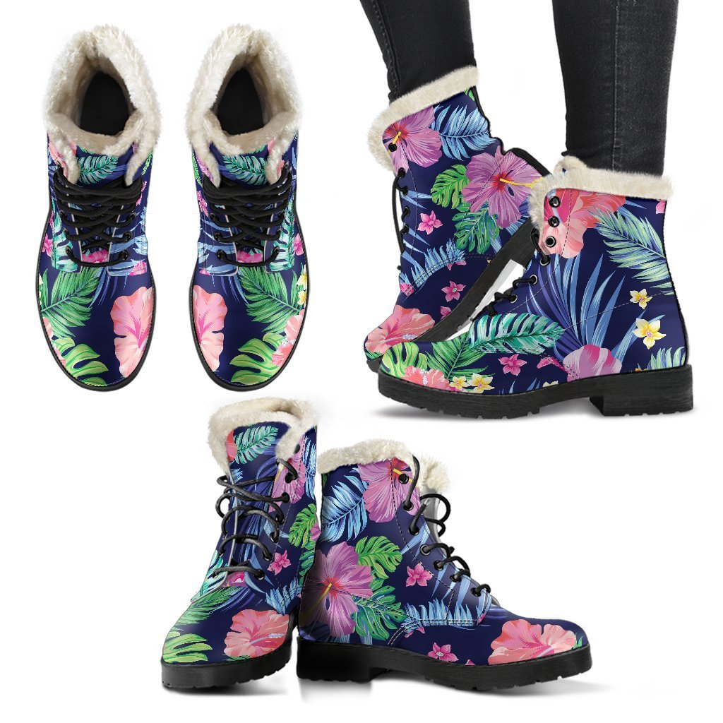 Hawaii Exotic Flowers Pattern Print Faux Fur Leather Hippie Boots - 2