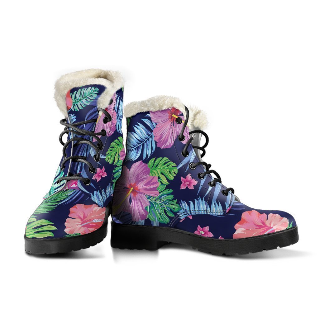 Hawaii Exotic Flowers Pattern Print Faux Fur Leather Hippie Boots - 3