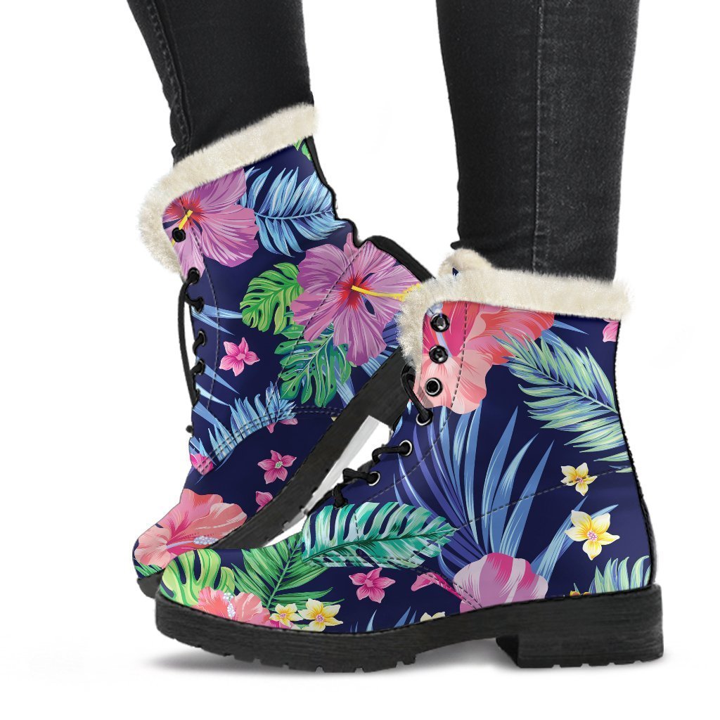 Hawaii Exotic Flowers Pattern Print Faux Fur Leather Hippie Boots - 1