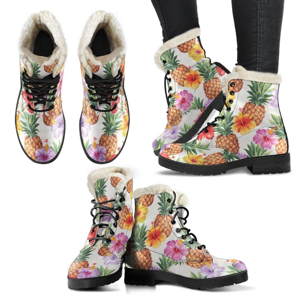 Hawaii Hibiscus Pineapple Faux Fur Leather Boots: Embrace Your Inner Hippie Style - 2