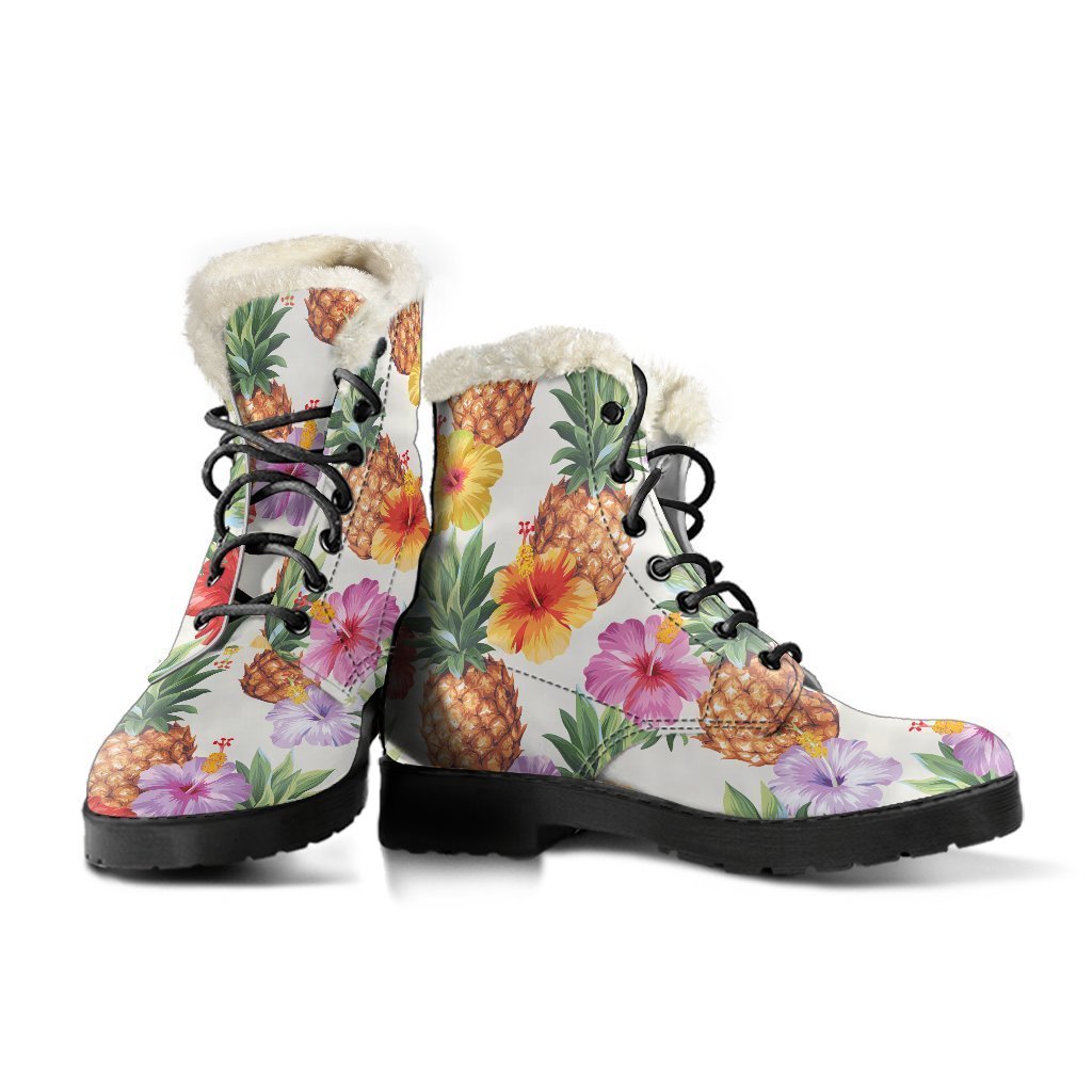 Hawaii Hibiscus Pineapple Faux Fur Leather Boots: Embrace Your Inner Hippie Style - 3