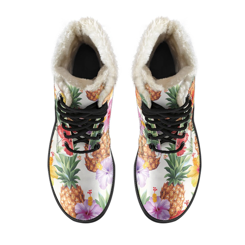 Hawaii Hibiscus Pineapple Faux Fur Leather Boots: Embrace Your Inner Hippie Style - 4