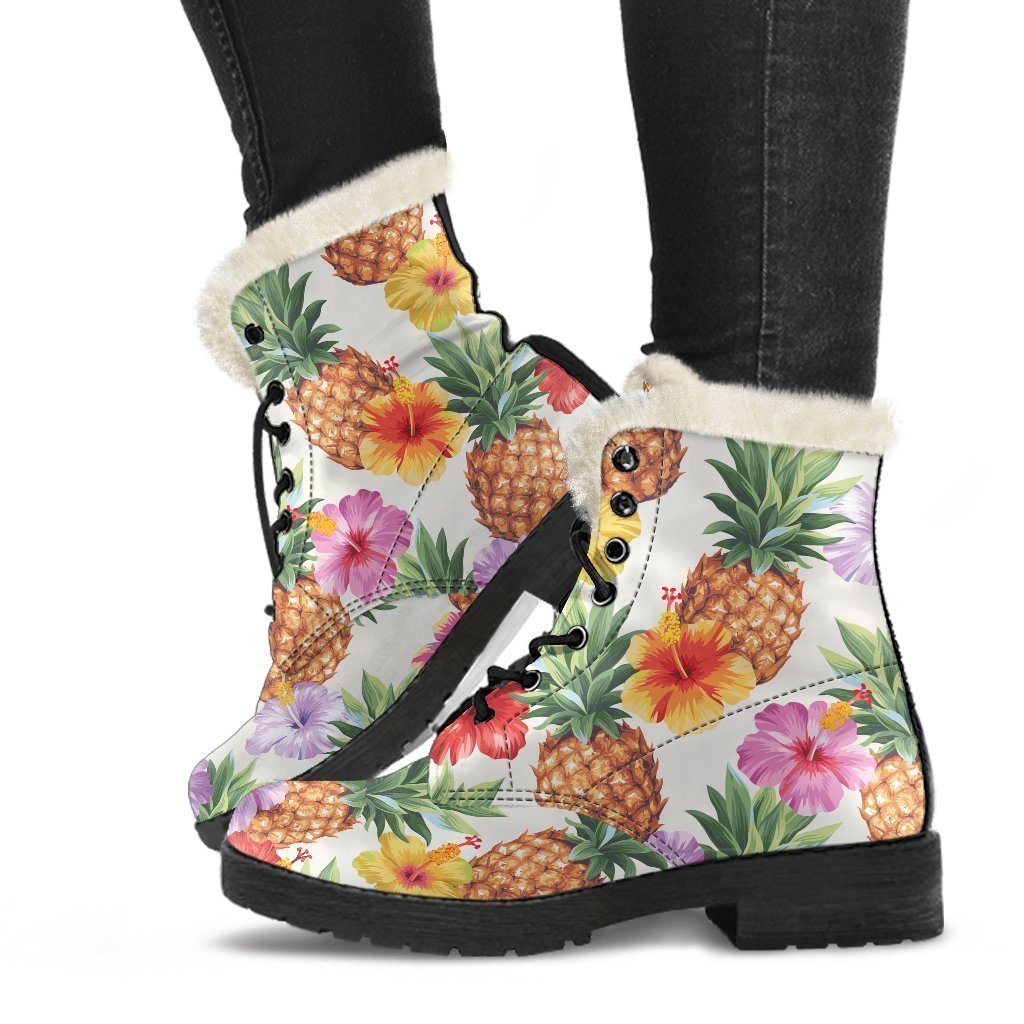 Hawaii Hibiscus Pineapple Faux Fur Leather Boots: Embrace Your Inner Hippie Style - 1