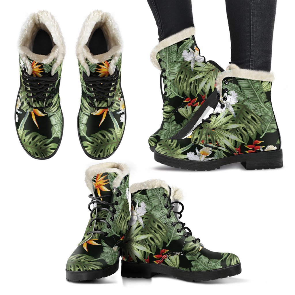 Hippie Chic: Hawaii Tropical Plants Faux Fur Leather Boots - 2