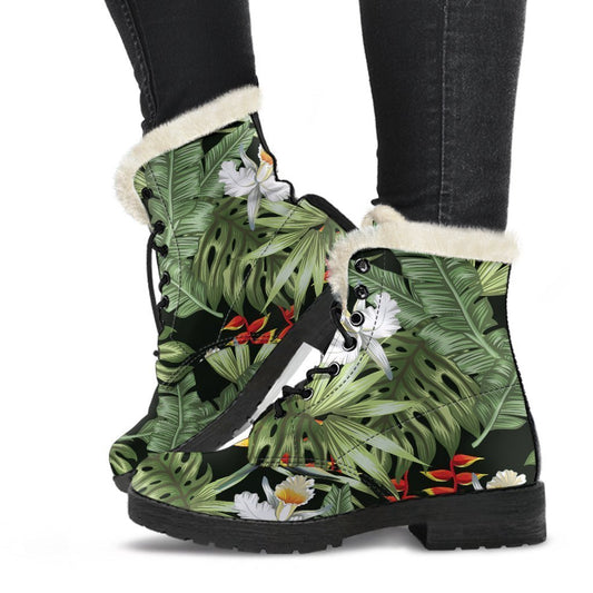 Hippie Chic: Hawaii Tropical Plants Faux Fur Leather Boots - 1