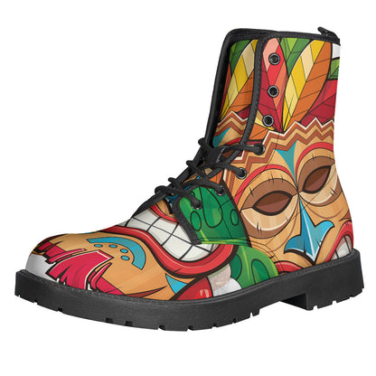 Hippie Vibes: Hawaiian Tiki Print Leather Lightweight Boots - 1