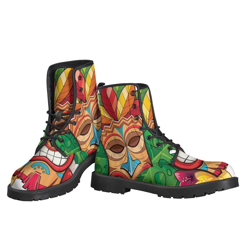 Hippie Vibes: Hawaiian Tiki Print Leather Lightweight Boots - 3