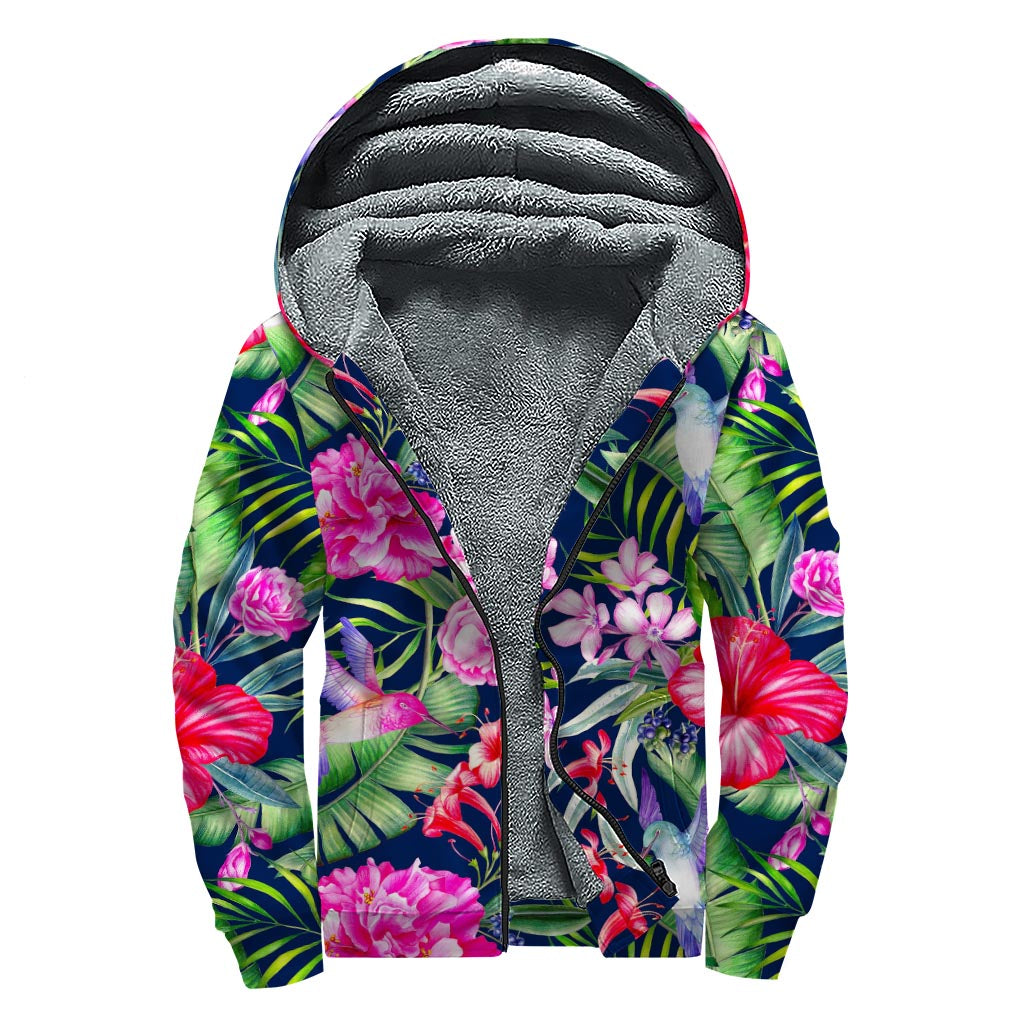 Hippie Chic: Hawaiian Tropical Birds Sherpa Lined Zip Up Hoodie - 1