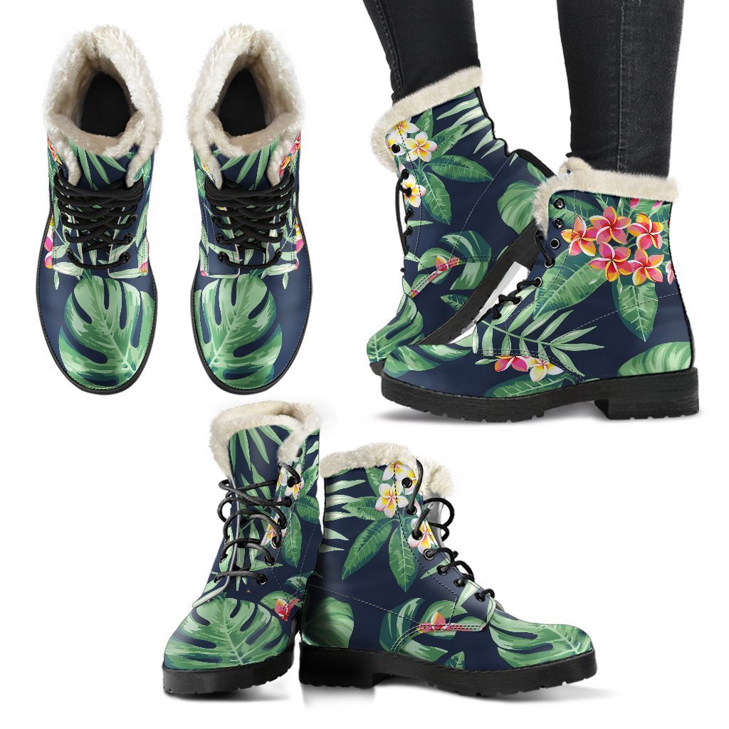 Hawaiian Tropical Leaves Faux Fur Leather Boots: Embrace Your Inner Hippie Style - 2