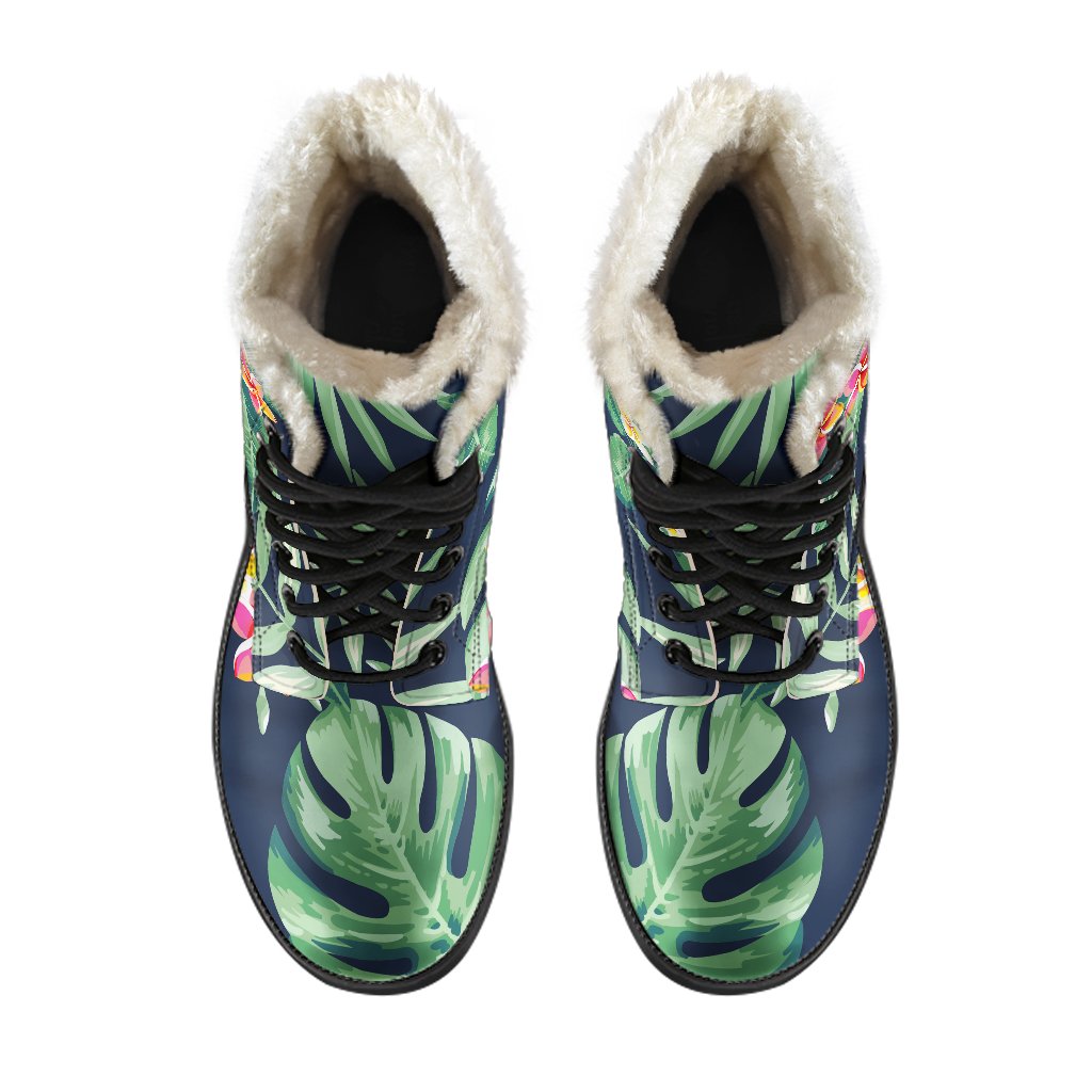 Hawaiian Tropical Leaves Faux Fur Leather Boots: Embrace Your Inner Hippie Style - 4