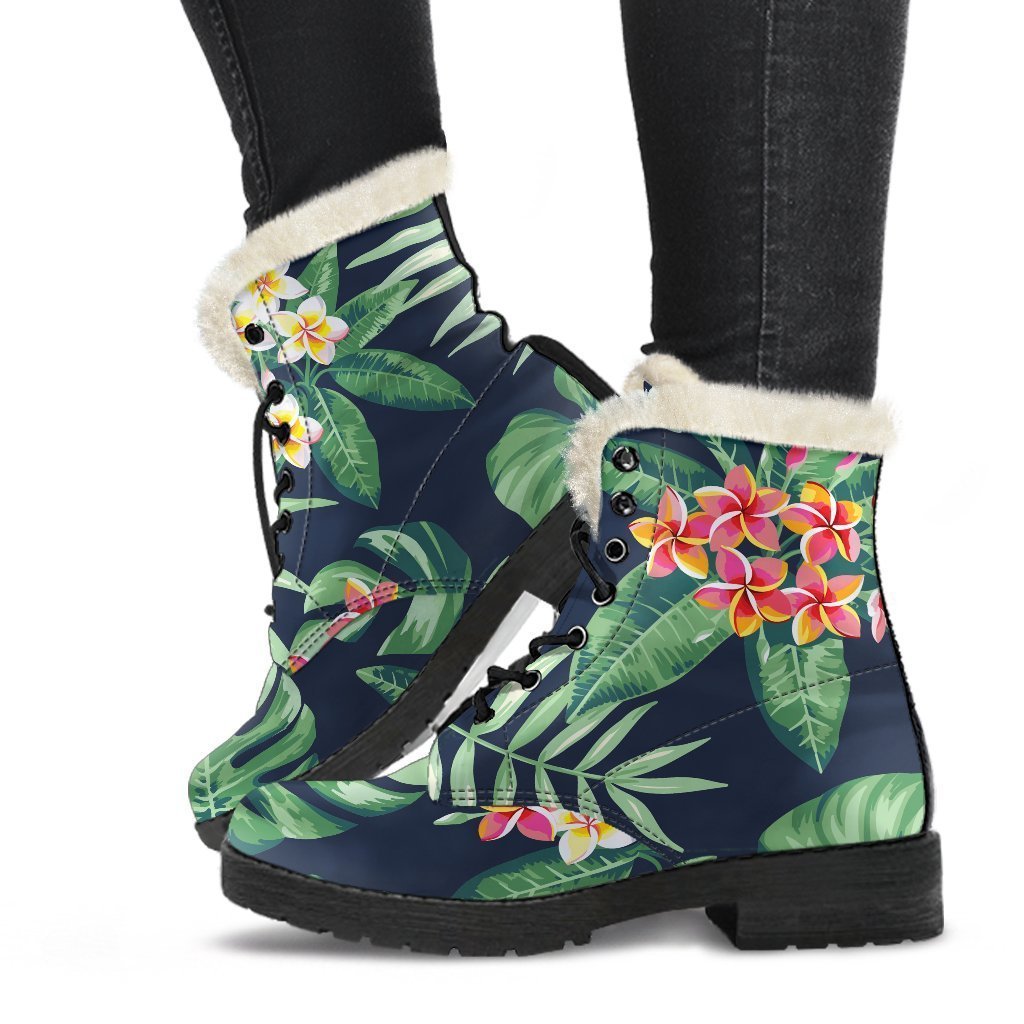 Hawaiian Tropical Leaves Faux Fur Leather Boots: Embrace Your Inner Hippie Style - 1