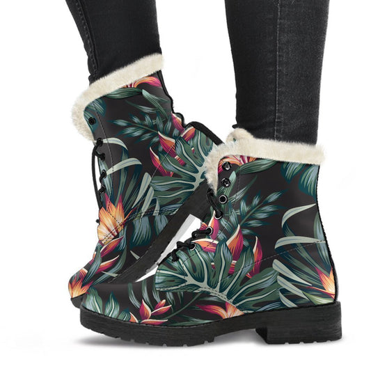 Hippie Vibes: Hawaiian Tropical Plants Faux Fur Leather Boots - 1