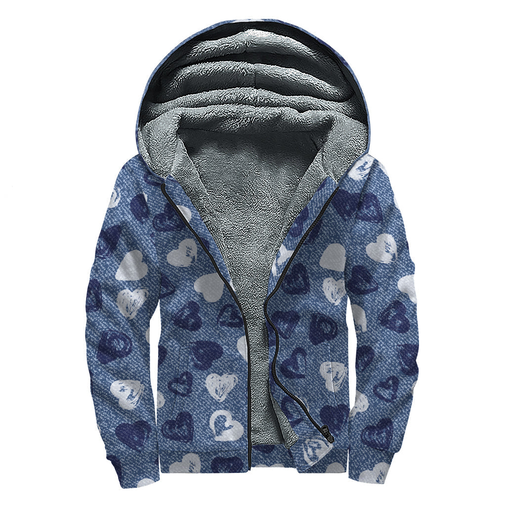 Heart Denim Jeans Pattern Print Sherpa-Lined Zip Up Hoodie: Embrace Your Inner Hippie Style - 1