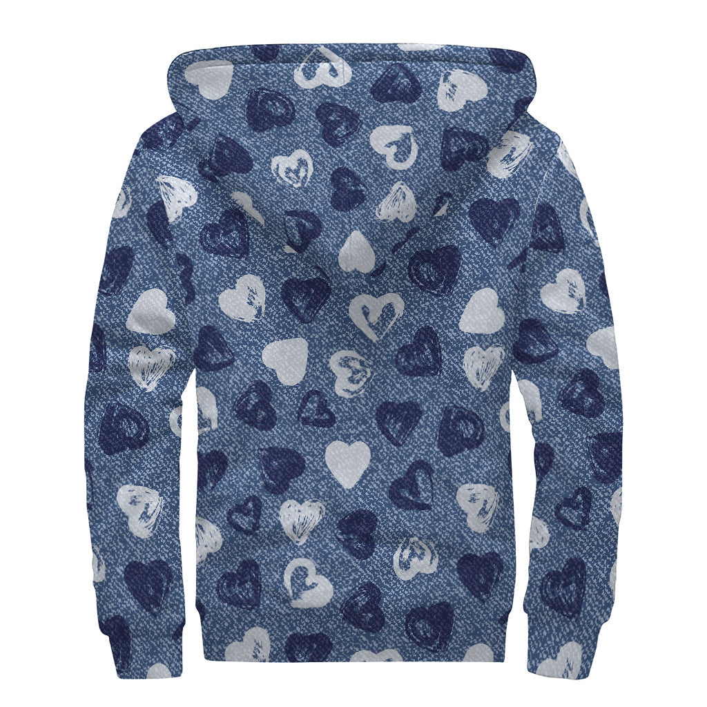 Heart Denim Jeans Pattern Print Sherpa-Lined Zip Up Hoodie: Embrace Your Inner Hippie Style - 2