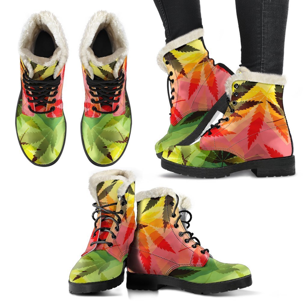 Hemp Leaf Reggae Pattern Faux Fur Leather Boots for the Ultimate Hippie Style - 2