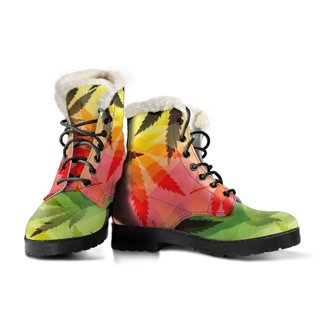 Hemp Leaf Reggae Pattern Faux Fur Leather Boots for the Ultimate Hippie Style - 3