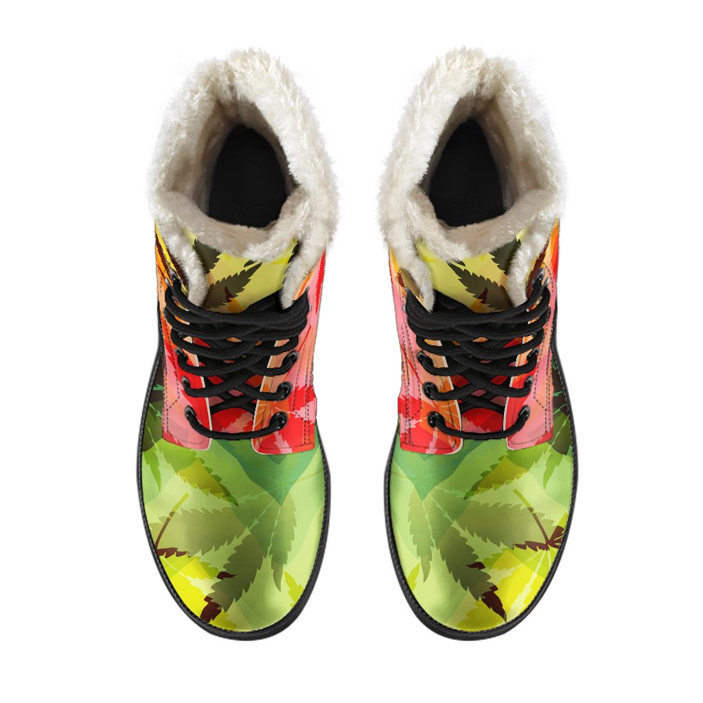 Hemp Leaf Reggae Pattern Faux Fur Leather Boots for the Ultimate Hippie Style - 4