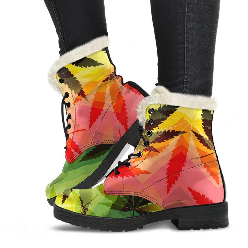 Hemp Leaf Reggae Pattern Faux Fur Leather Boots for the Ultimate Hippie Style - 1