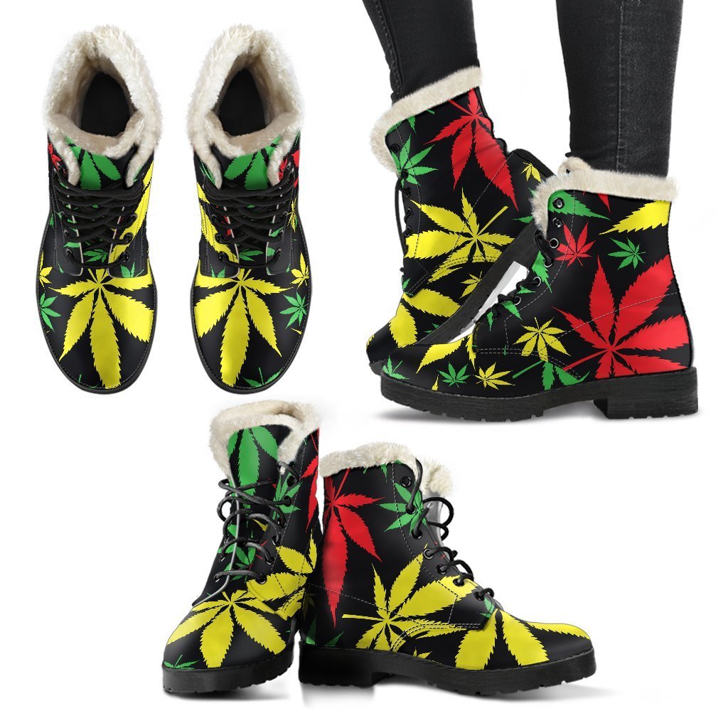 Stay Groovy in These Hemp Leaves Reggae Pattern Faux Fur Leather Boots - 2