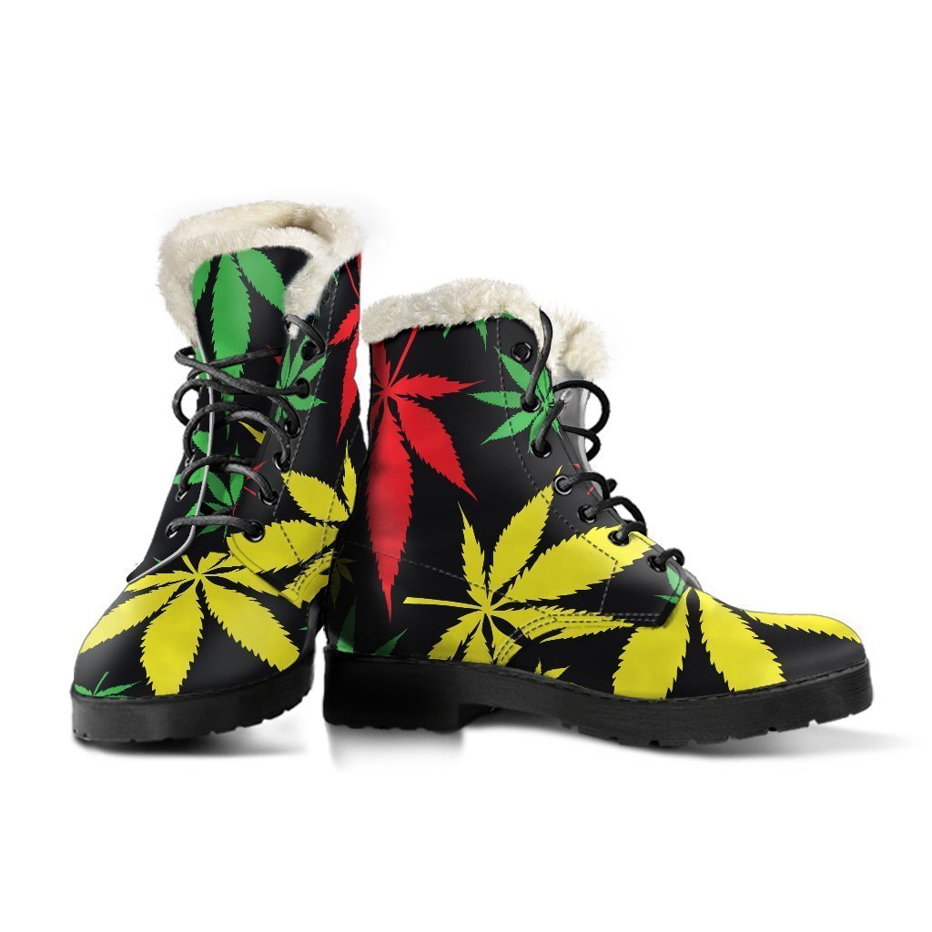 Stay Groovy in These Hemp Leaves Reggae Pattern Faux Fur Leather Boots - 3