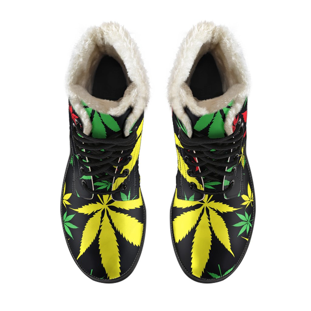 Stay Groovy in These Hemp Leaves Reggae Pattern Faux Fur Leather Boots - 4