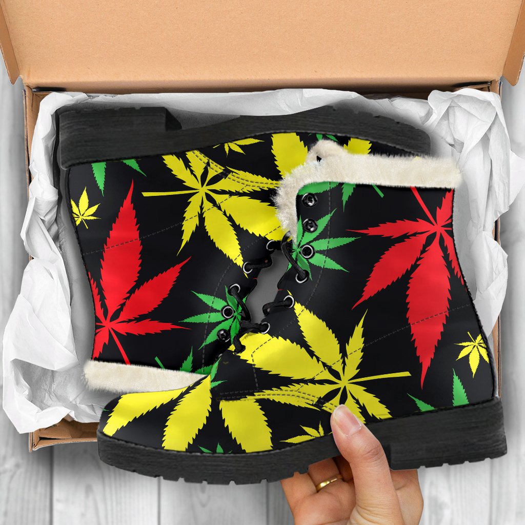 Stay Groovy in These Hemp Leaves Reggae Pattern Faux Fur Leather Boots - 5