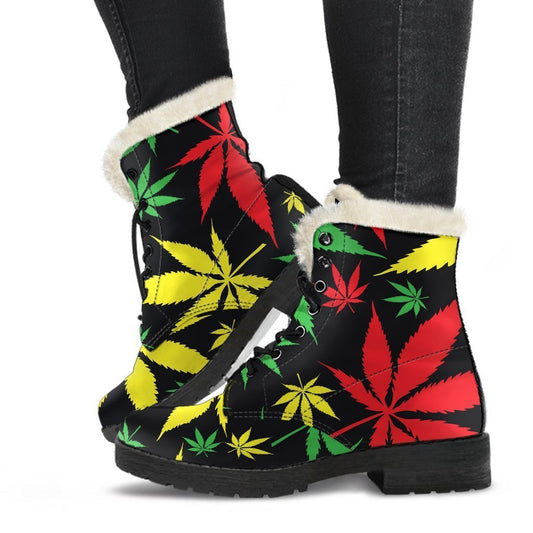 Stay Groovy in These Hemp Leaves Reggae Pattern Faux Fur Leather Boots - 1