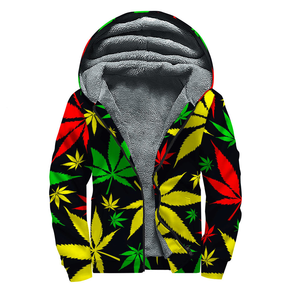 Hemp Leaves Reggae Pattern Sherpa Lined Hoodie for Free Spirited Hippies - 1