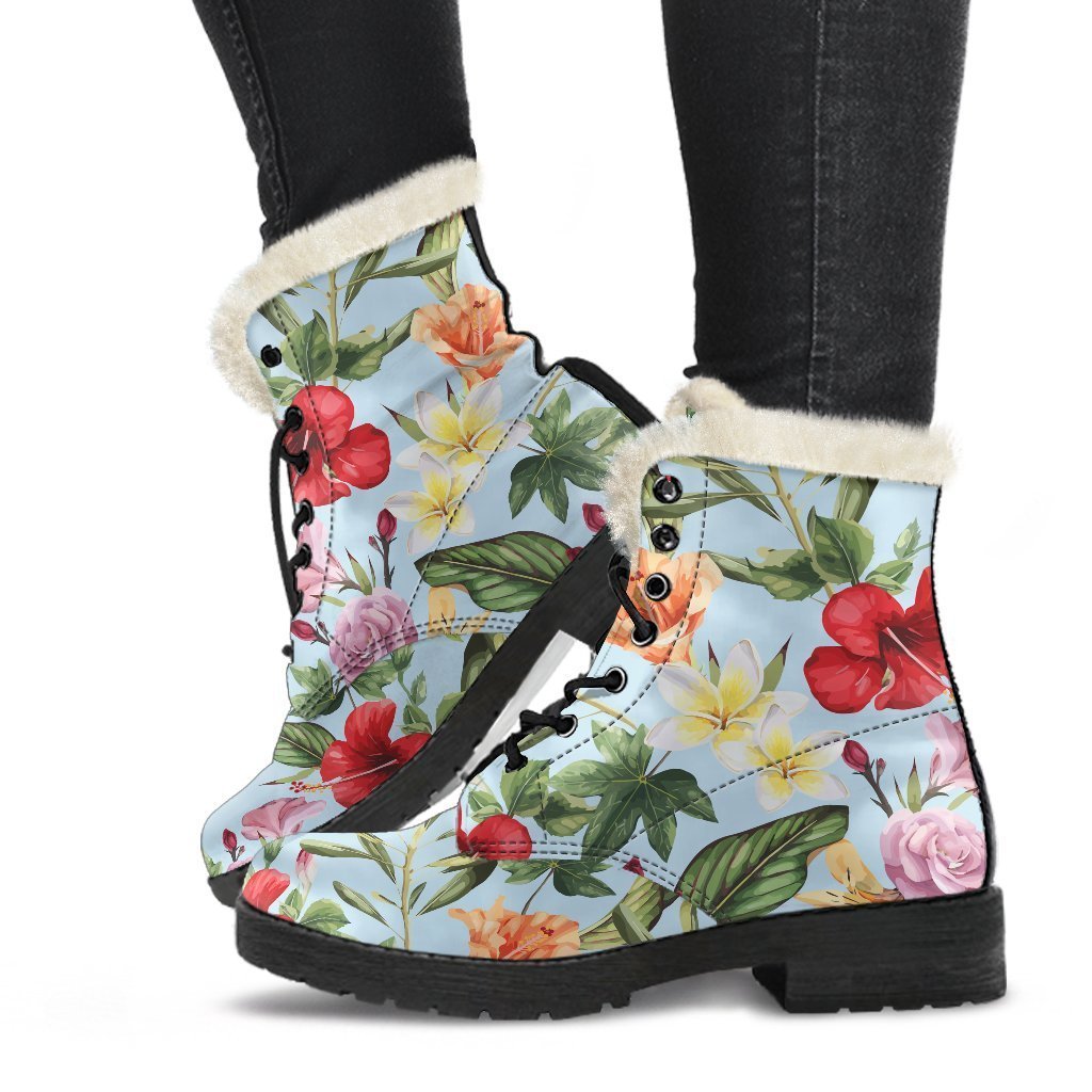 Hibiscus Flower Faux Fur Leather Boots for Free-Spirited Hippies - 1