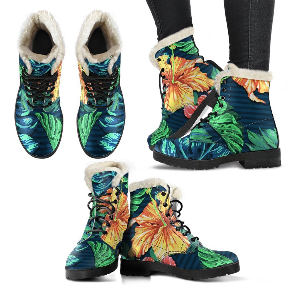 Groovy Hibiscus Monstera Hawaii Faux Fur Leather Boots for the Modern Hippie - 2