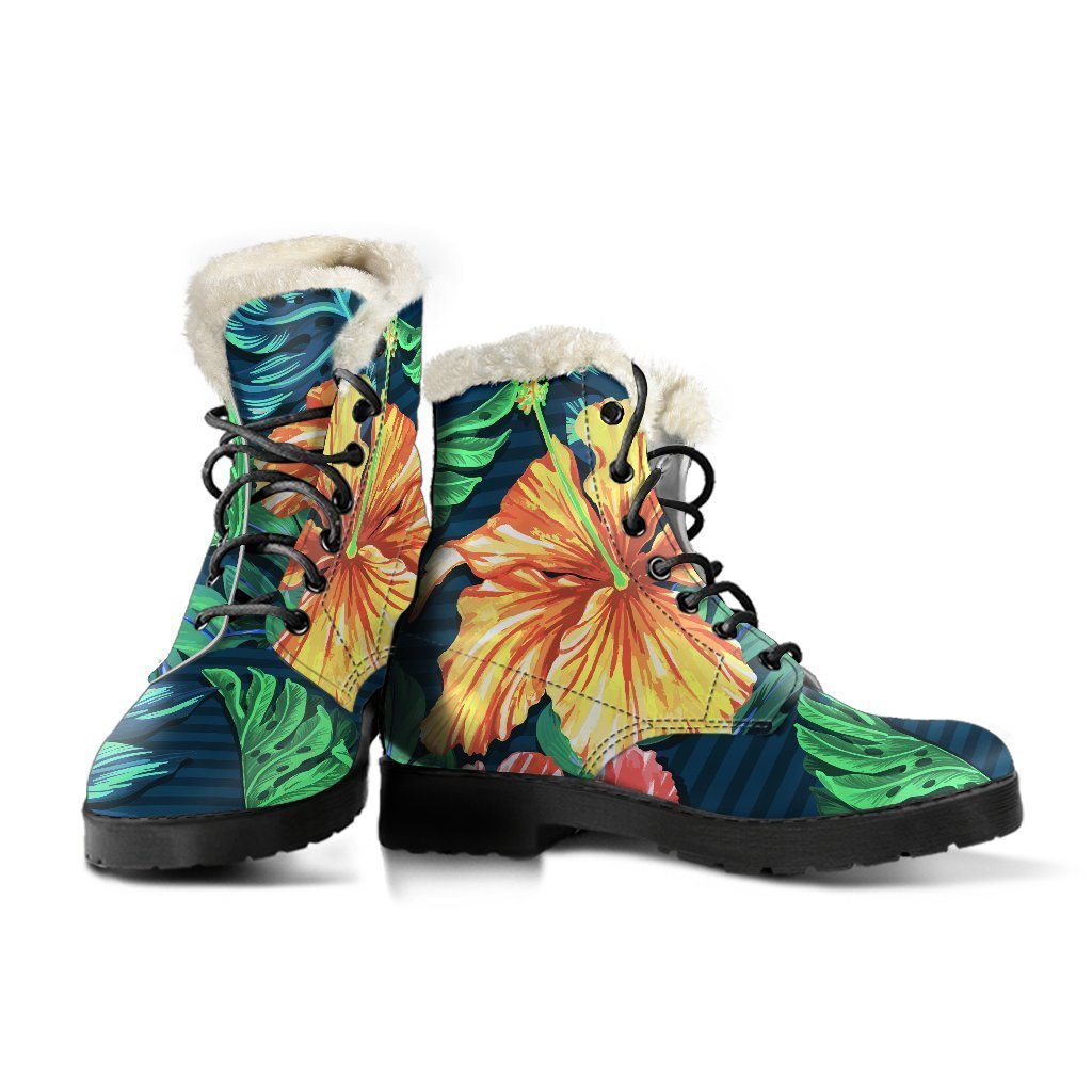 Groovy Hibiscus Monstera Hawaii Faux Fur Leather Boots for the Modern Hippie - 3