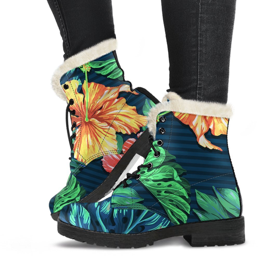 Groovy Hibiscus Monstera Hawaii Faux Fur Leather Boots for the Modern Hippie - 1