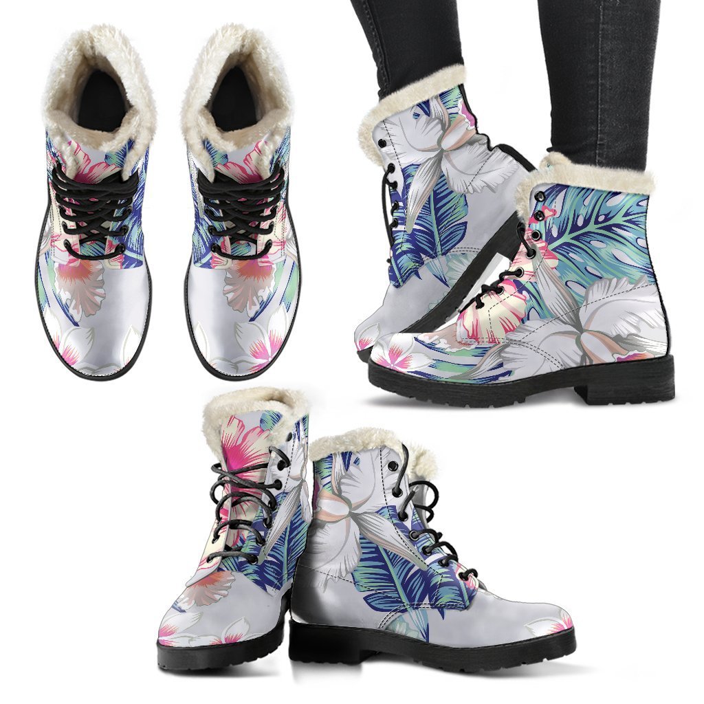 Hibiscus Orchids Hawaii Pattern Print Faux Fur Leather Boots for Groovy Hippies - 2