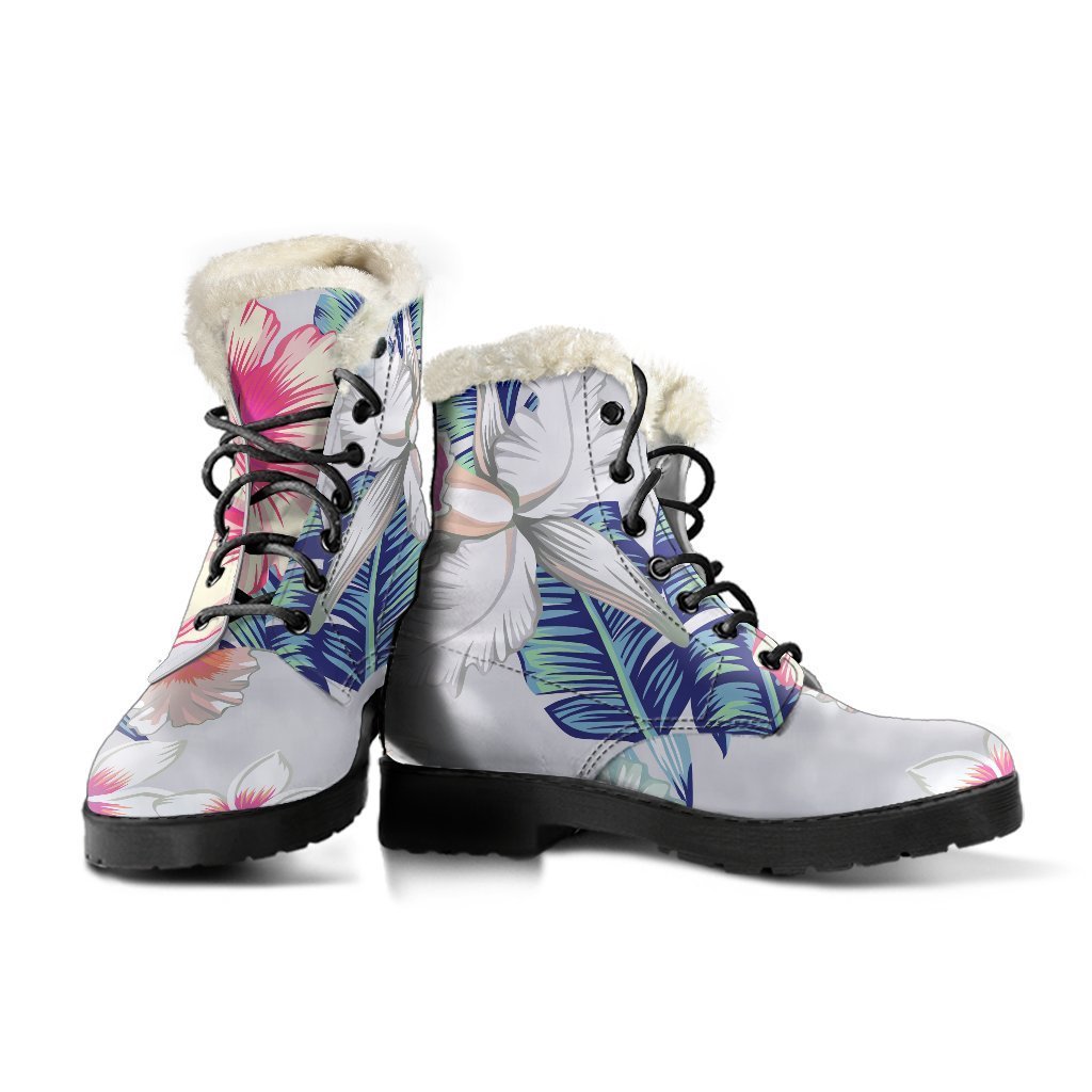 Hibiscus Orchids Hawaii Pattern Print Faux Fur Leather Boots for Groovy Hippies - 3