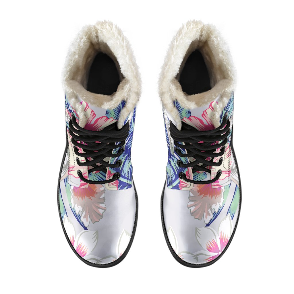 Hibiscus Orchids Hawaii Pattern Print Faux Fur Leather Boots for Groovy Hippies - 4