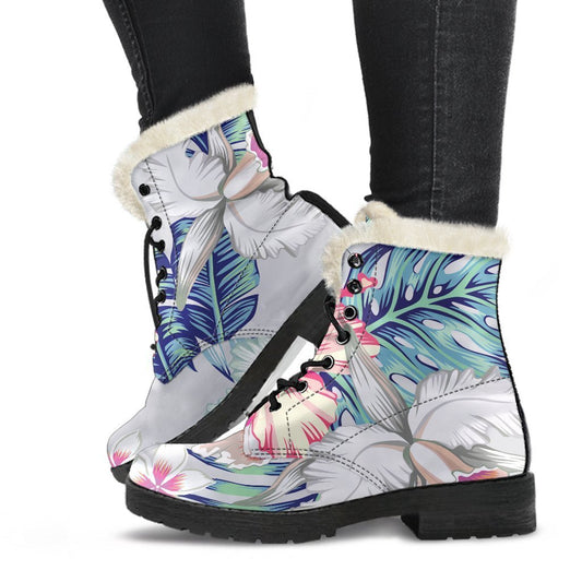 Hibiscus Orchids Hawaii Pattern Print Faux Fur Leather Boots for Groovy Hippies - 1