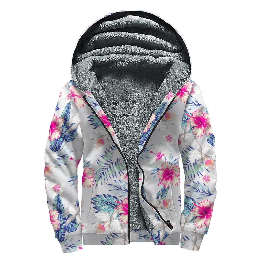 Hibiscus Orchids Hawaii Pattern Sherpa Lined Zip Up Hoodie for Groovy Hippies - 1