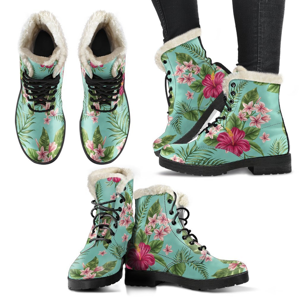 Hibiscus Plumeria Flowers Faux Fur Leather Boots for Groovy Hippies - 2