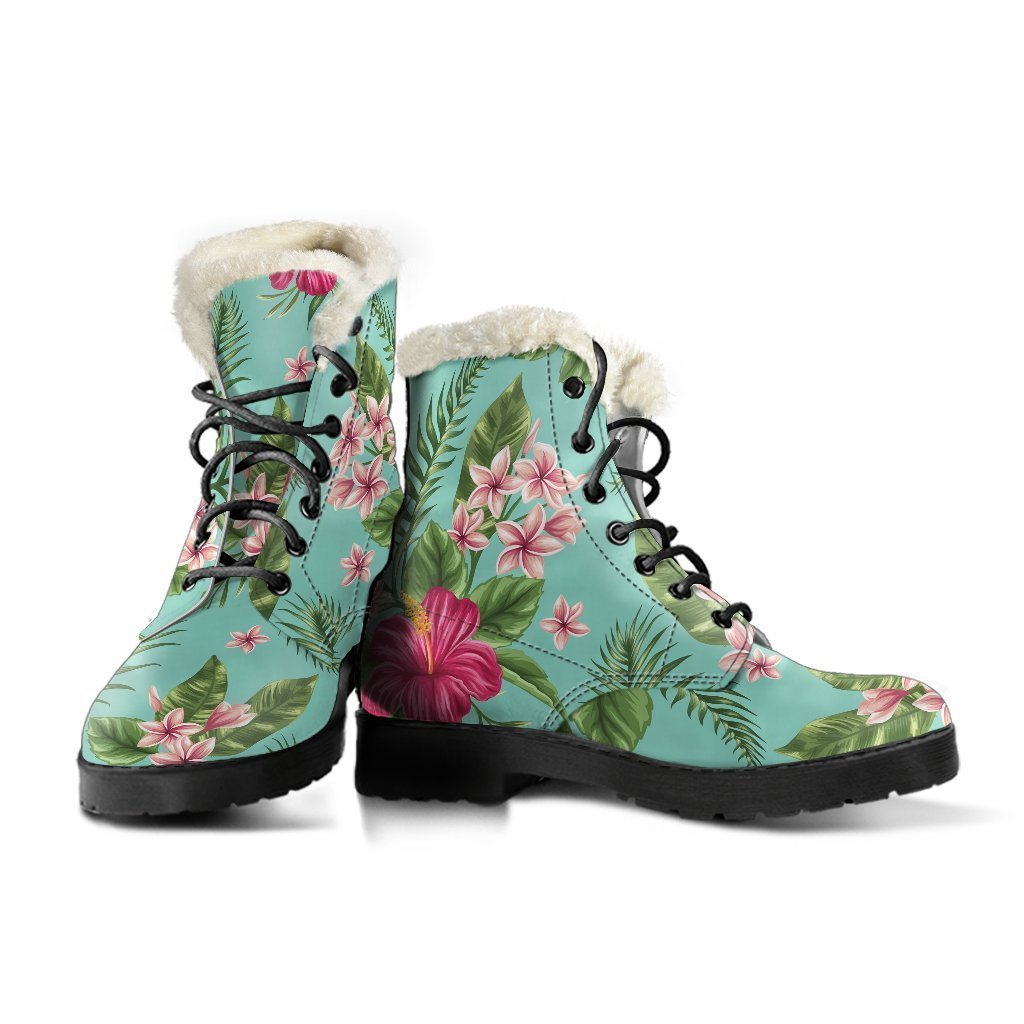 Hibiscus Plumeria Flowers Faux Fur Leather Boots for Groovy Hippies - 3