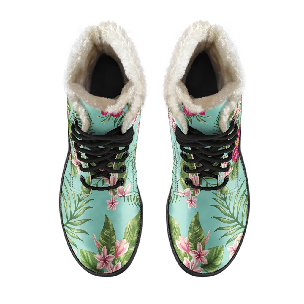 Hibiscus Plumeria Flowers Faux Fur Leather Boots for Groovy Hippies - 4