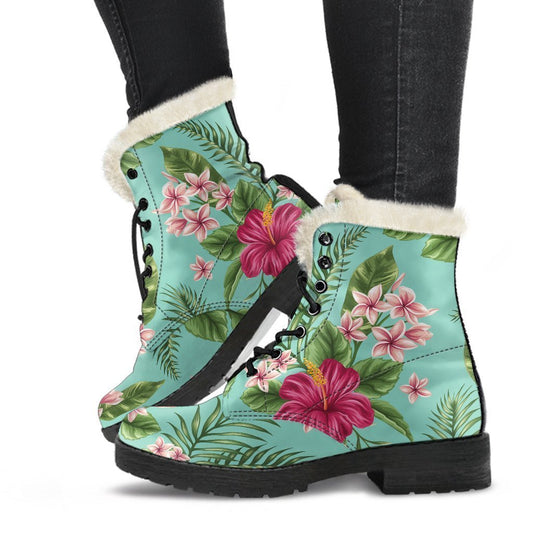 Hibiscus Plumeria Flowers Faux Fur Leather Boots for Groovy Hippies - 1