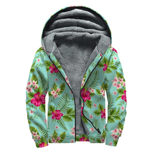 Hibiscus Plumeria Flowers Sherpa Lined Zip Up Hoodie - Embrace Your Inner Hippie Style - 1