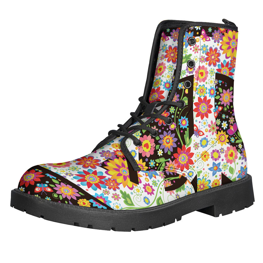 Groovy Hippie Leather Boots - Step into Style with Peace and Flowers - 1