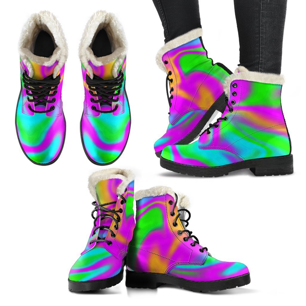 Hippie Chic: Holographic Neon Trippy Print Faux Fur Leather Boots - 2