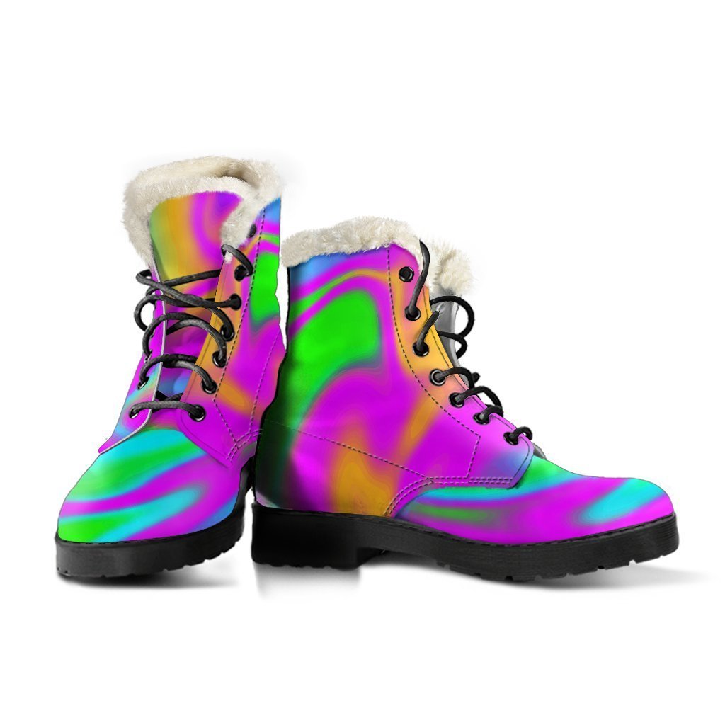 Hippie Chic: Holographic Neon Trippy Print Faux Fur Leather Boots - 3