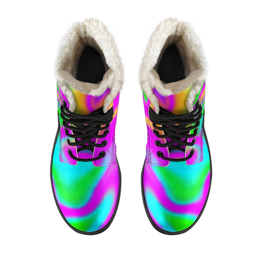 Hippie Chic: Holographic Neon Trippy Print Faux Fur Leather Boots - 4